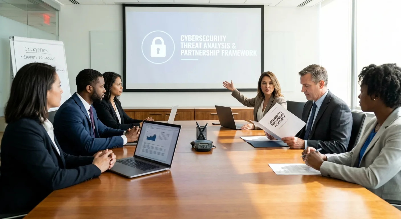 A business meeting focused on data security and partnership agreements.