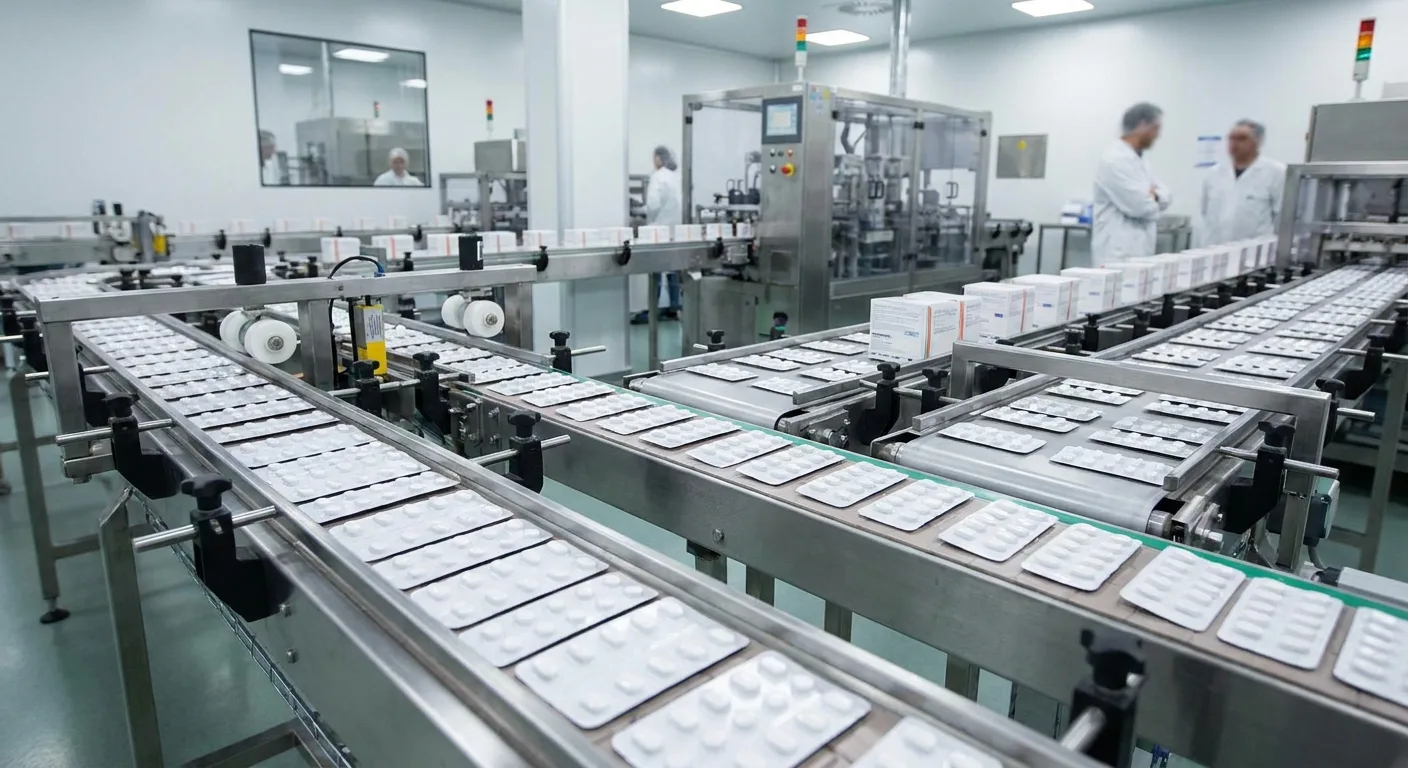 Rows of pharmaceutical pill packets on a production line.