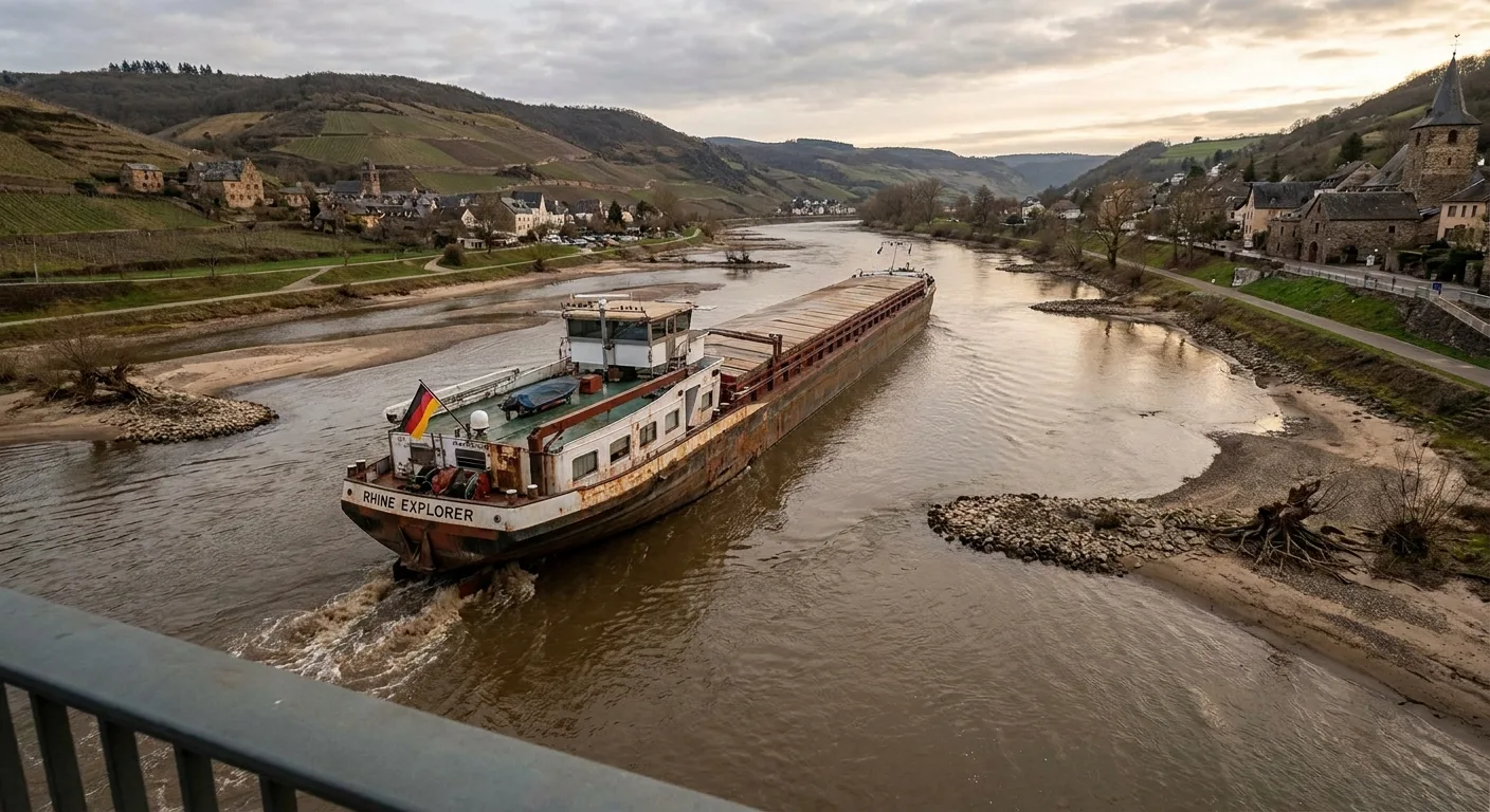 A cargo ship navigates a visibly low river in Europe.