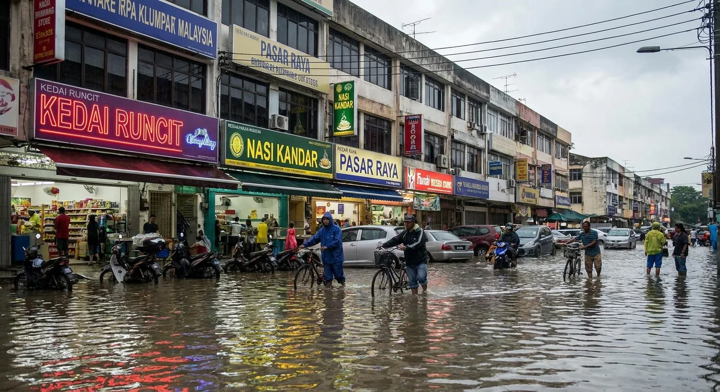 A commercial area in Malaysia partially submerged by floodwaters.