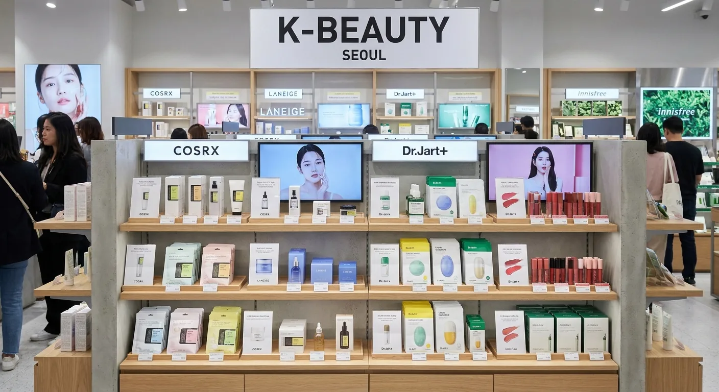 A display of modern K-beauty products on a store shelf.