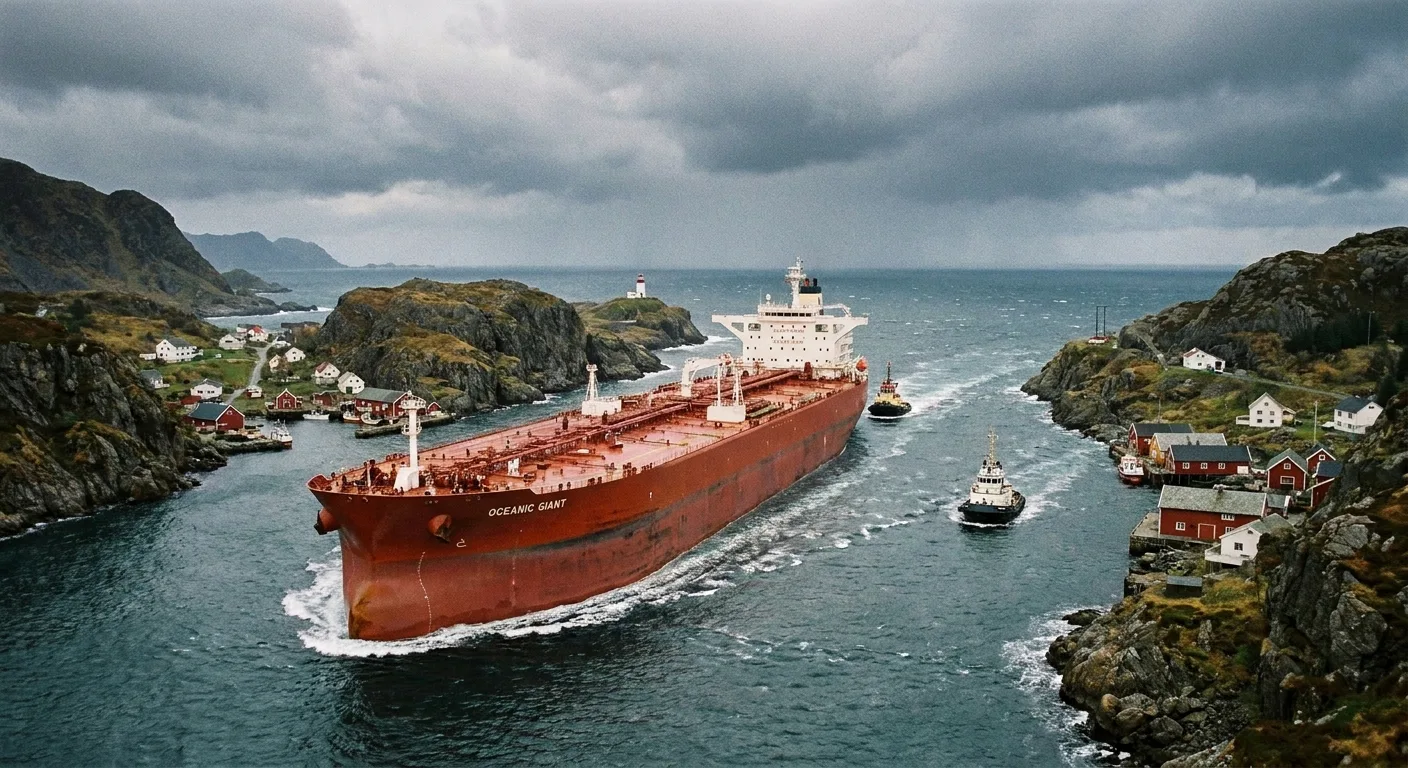 A large oil tanker passing through a narrow strait.