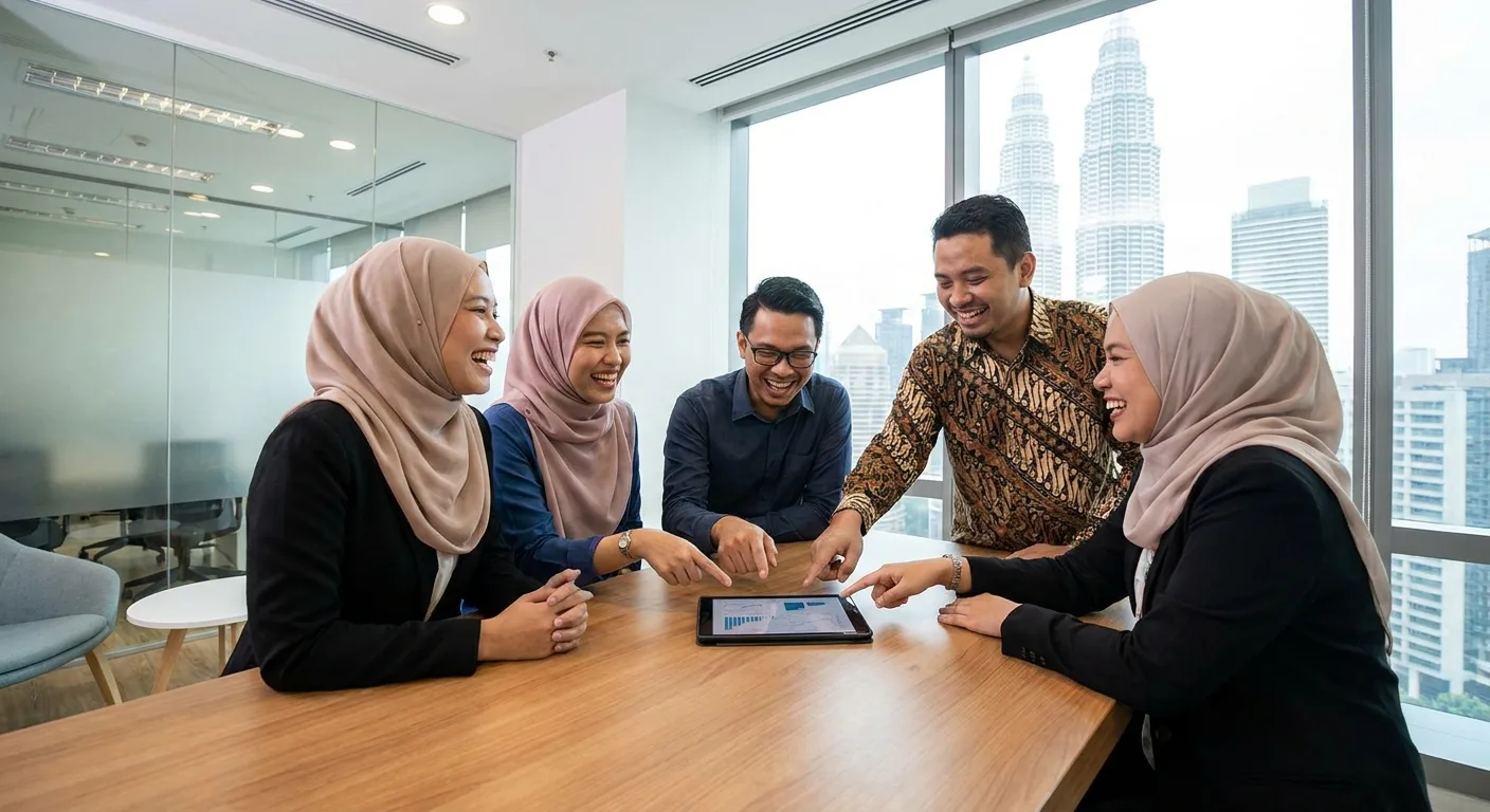 A team of Malaysian professionals collaborating around a tablet in a modern office.