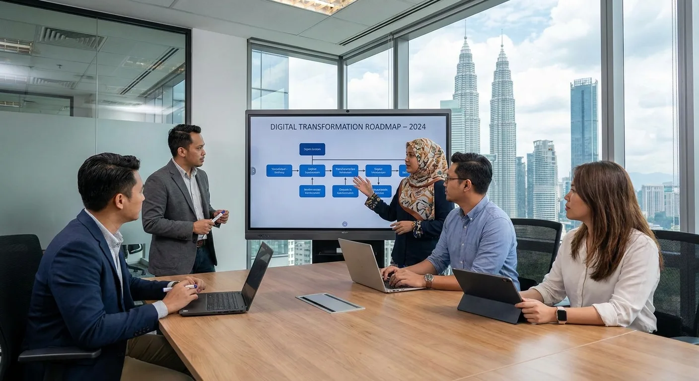 A team of professionals in a Malaysian office collaborating on a digital transformation project.