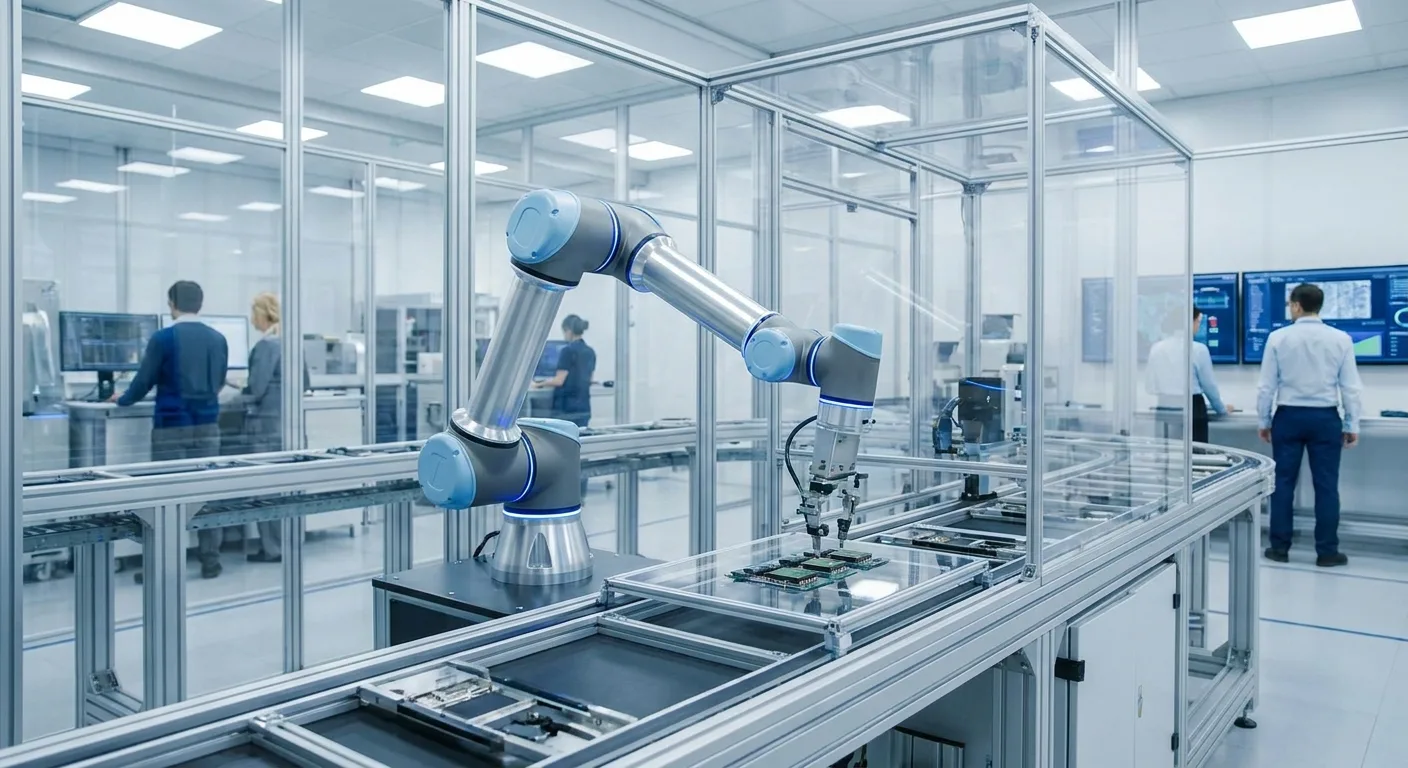 An advanced robotic arm operating in a modern manufacturing facility.