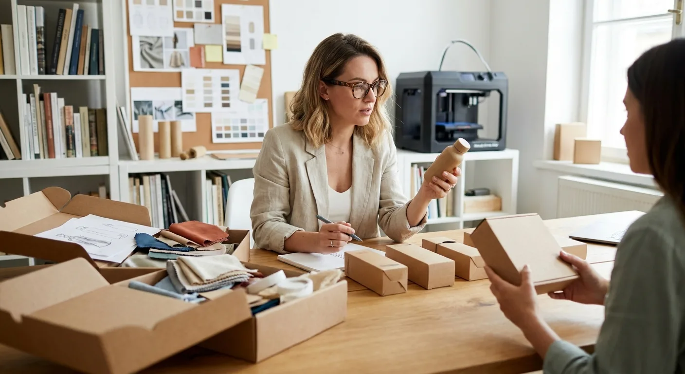 An entrepreneur reviewing product samples and packaging designs.