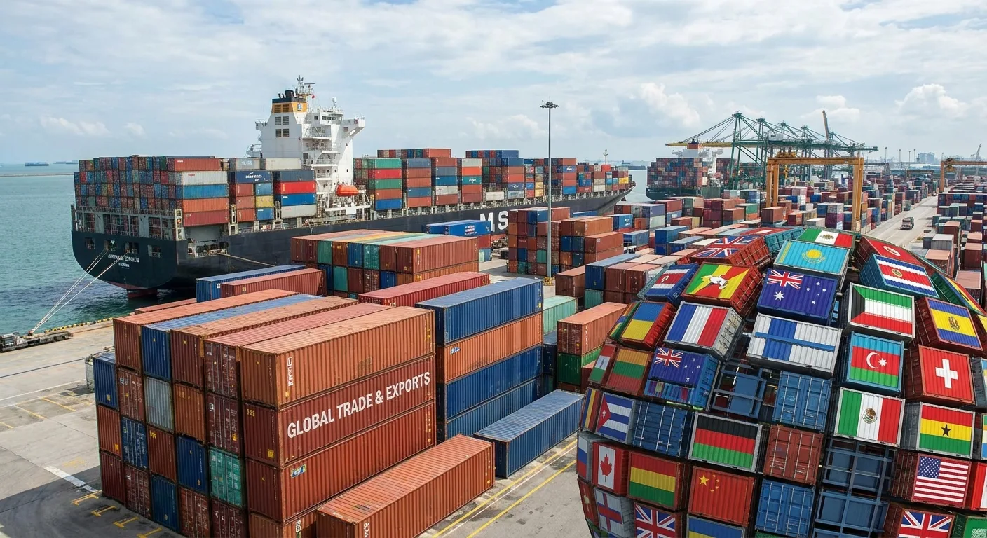 Global shipping containers, representing international trade and exports.