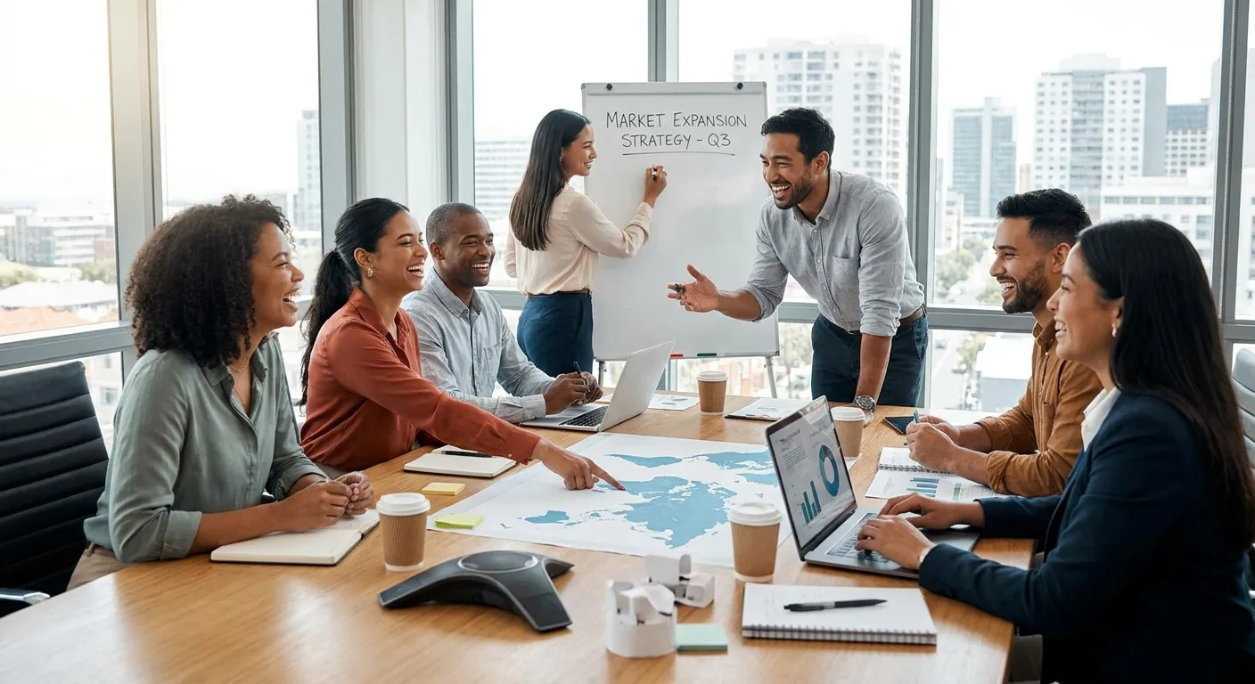 A business team collaborates around a table, planning for market expansion.