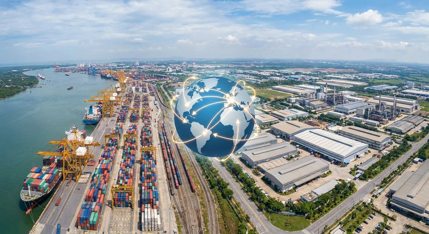Global supply chains connecting ports and industries.