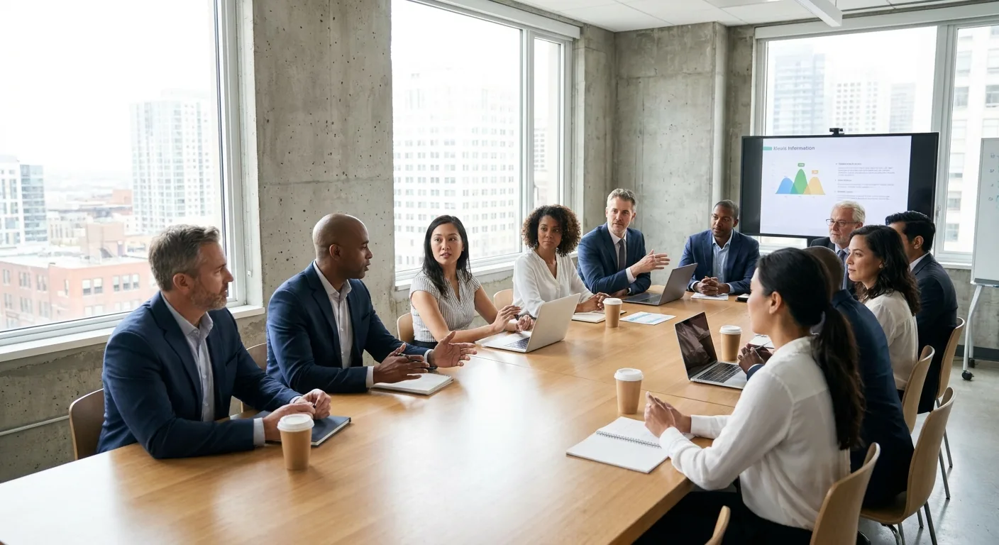 A diverse group of business professionals in a modern office meeting.