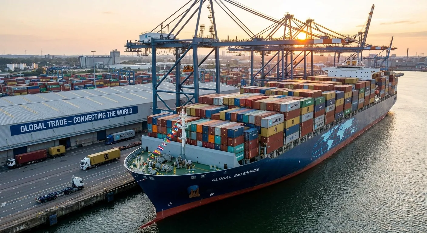 A container ship at a port, symbolising global trade.