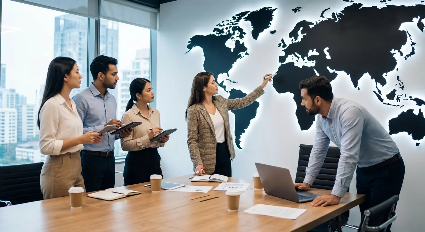 Business team strategising with a world map in the background.