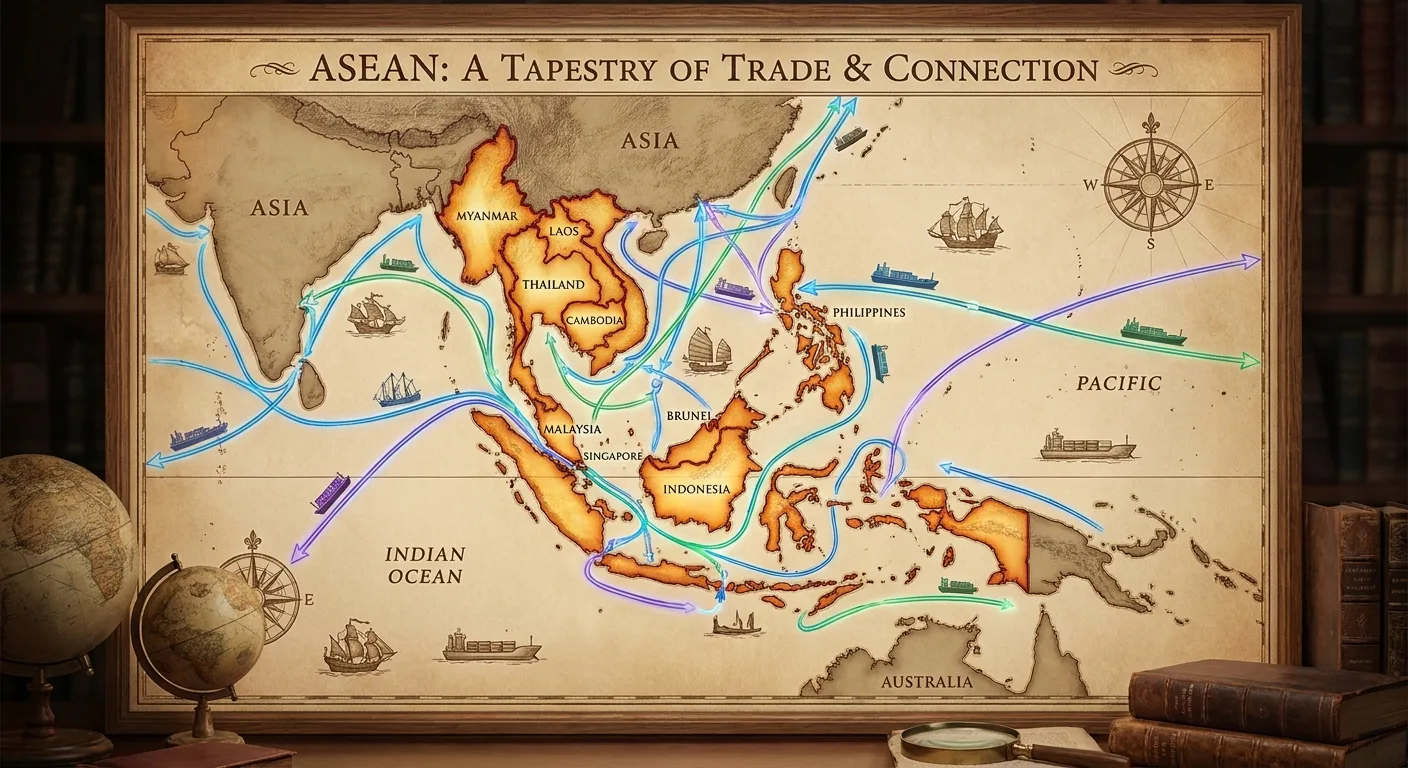 A map highlighting ASEAN countries and regional trade routes.