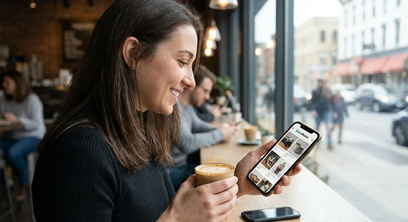 A person browsing products on an online marketplace via their smartphone.