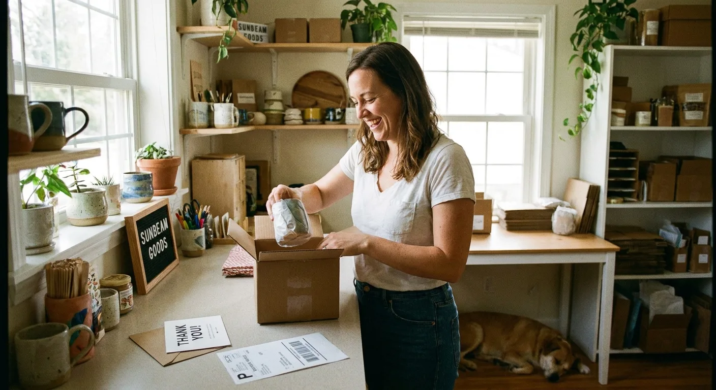 A small business owner happily packing an order for an online customer.