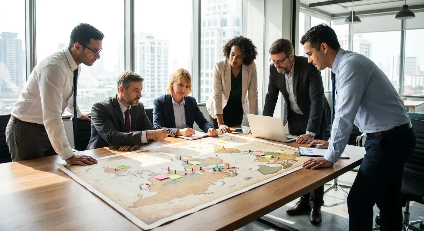 A team of professionals collaborating around a table with a world map.