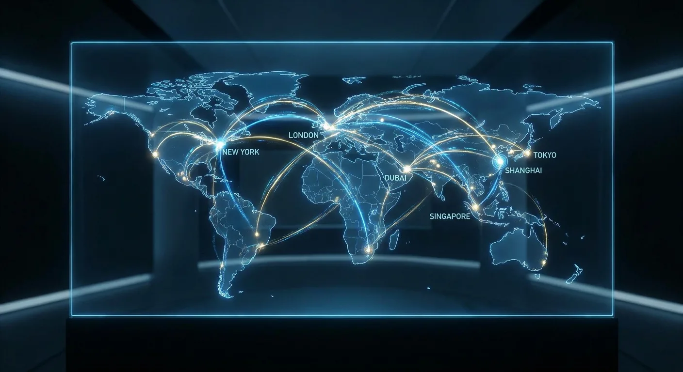 A world map with glowing connection lines between major economic hubs.