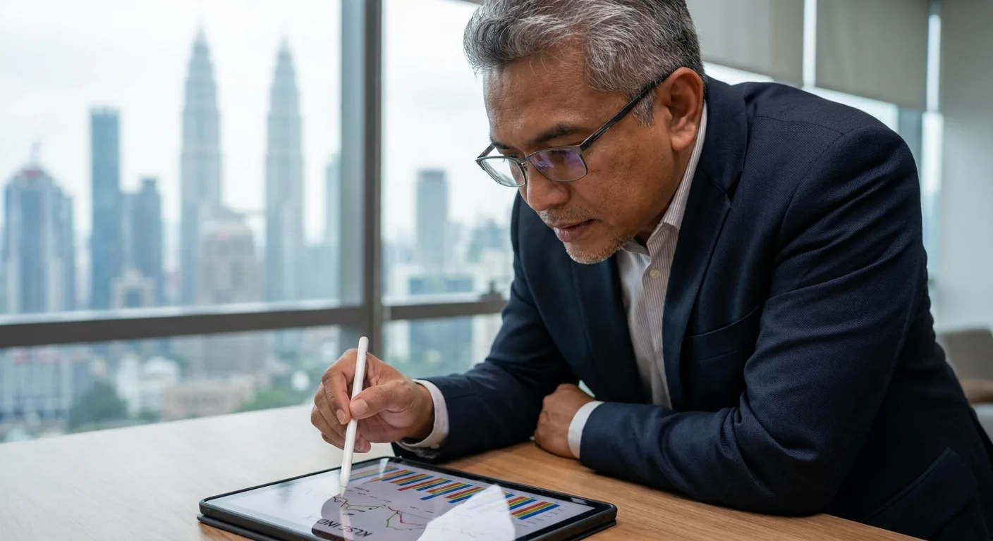 Close-up of a Malaysian business professional analysing financial charts on a tablet.