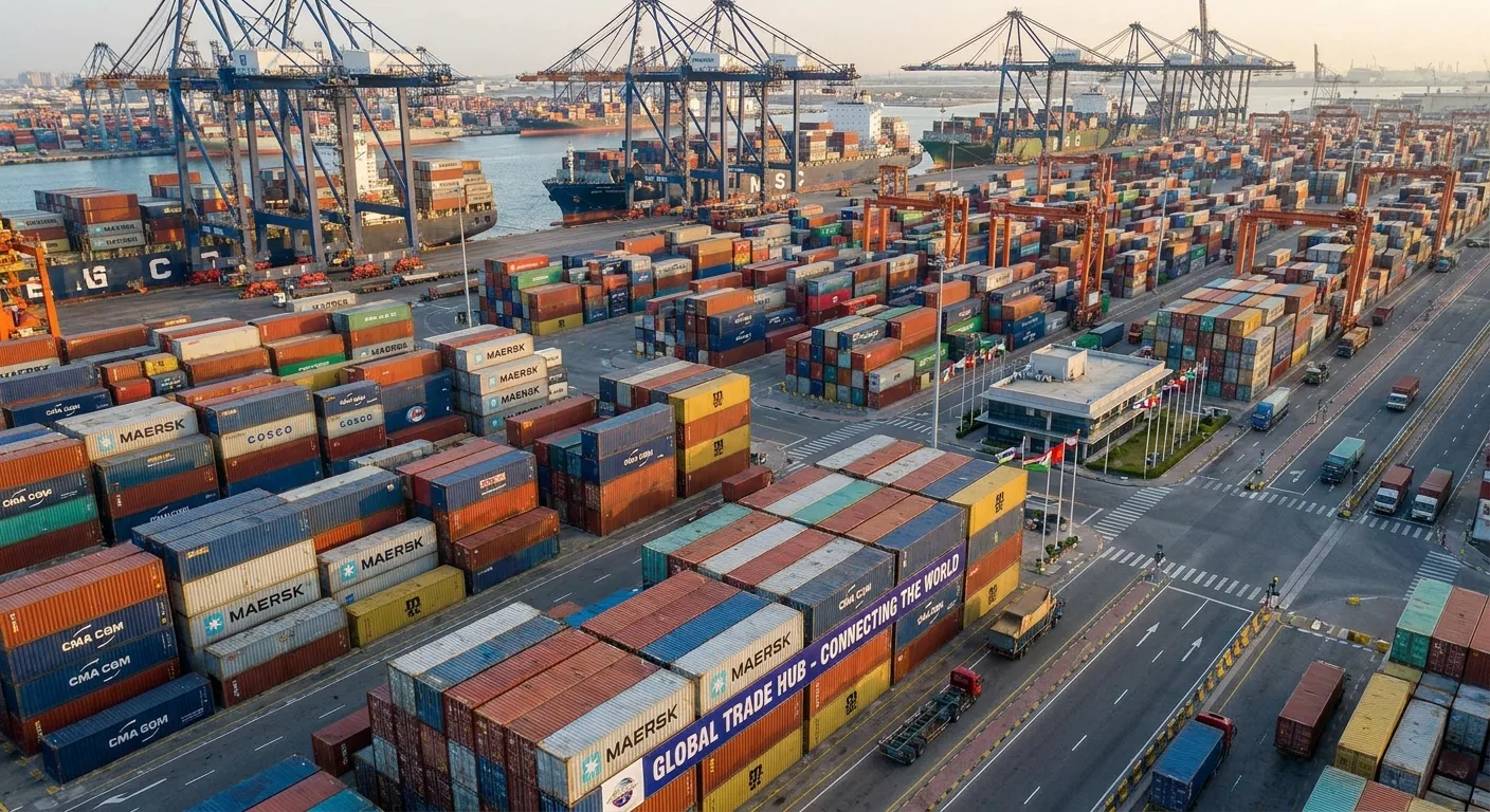Global shipping containers at a busy port, symbolising international trade.